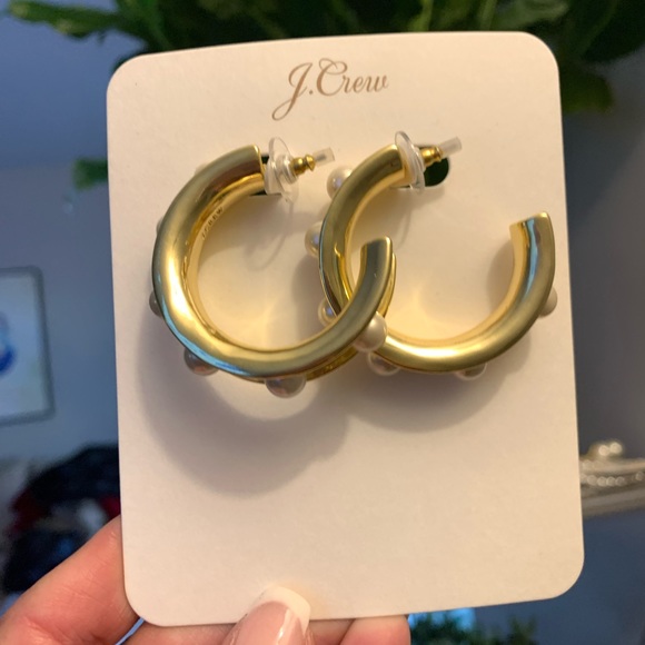 NWT J. CREW PEARL STUDDED HOOP EARRINGS - Picture 4 of 5